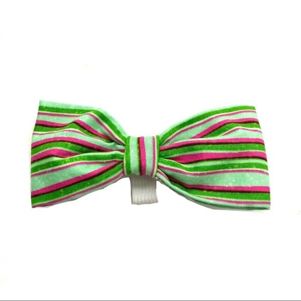 Handmade 1 Dog Bow for Collar Green & Pink Stripe Pattern 4 x 2 inches